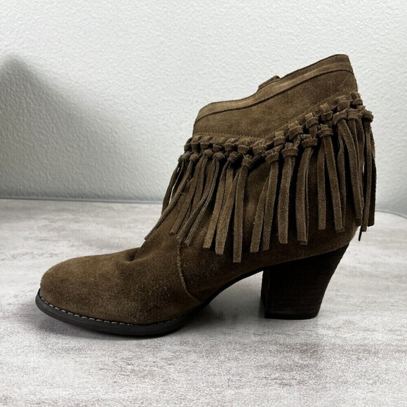 Sbicca Size 7.5 Khaki Sound Suede Leather Fringe Bootie Western Rodeo Heel Boots - Picture 8 of 12